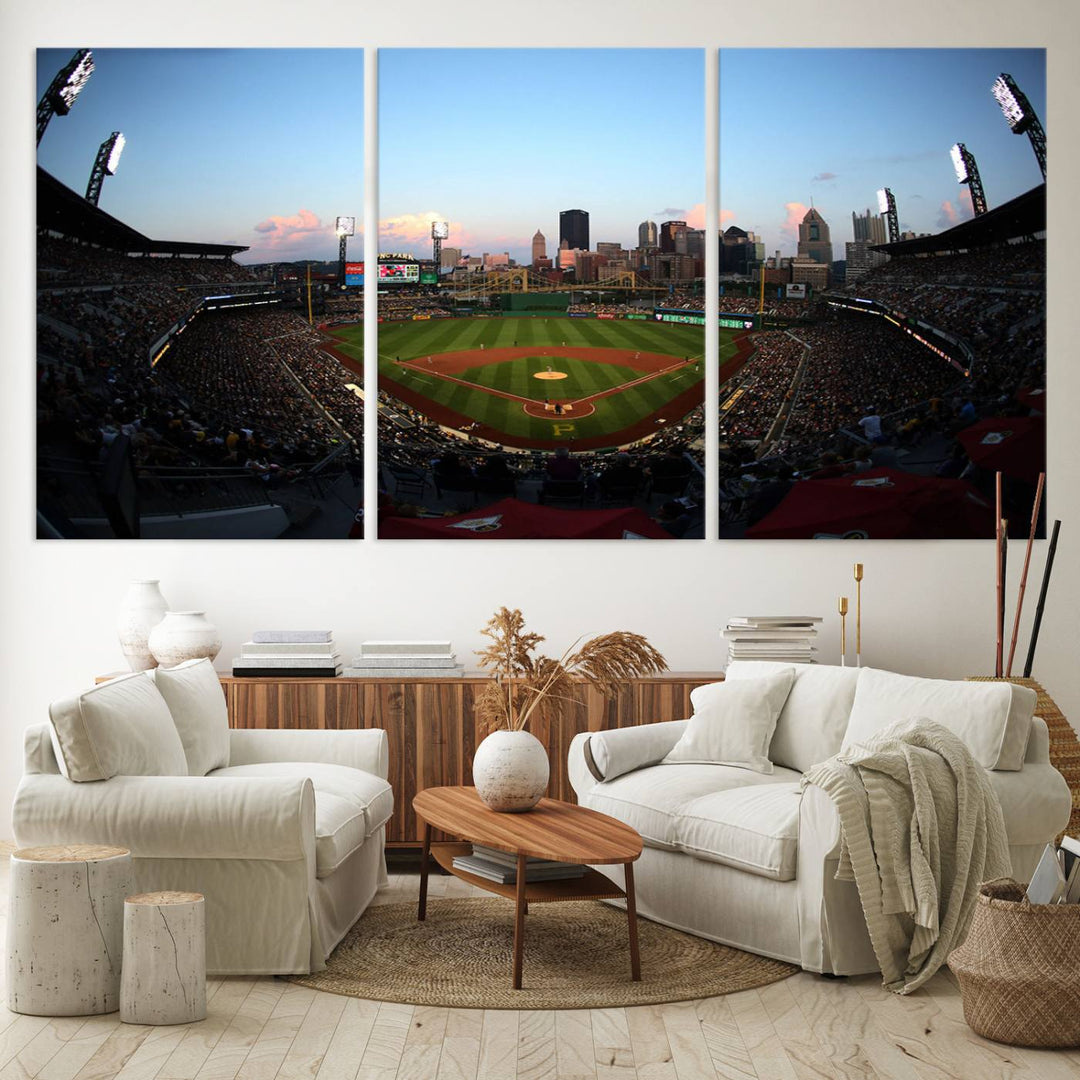 The PNC Park Evening Game Canvas, featuring a skyline backdrop, is displayed on the wall.