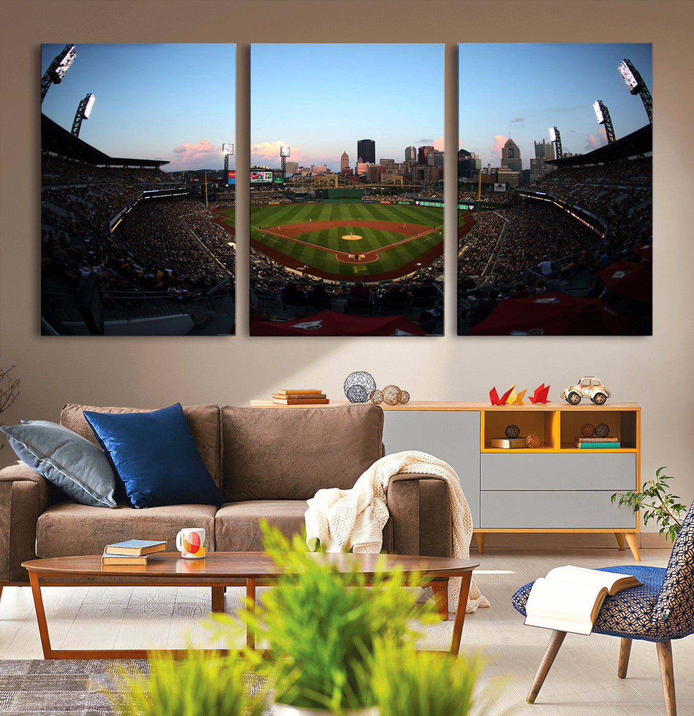 MGV-CV-60X30-3P - PNC Park Evening Game Triple Canvas Wall Art - Pittsburgh Pirates MLB Match - PNC Park Stadium Wall Art Canvas Print