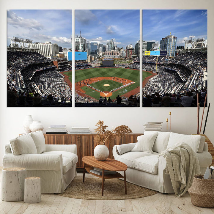 The San Diego Padres Baseball Canvas Print of Petco Park enhances the modern kitchen-dining area.