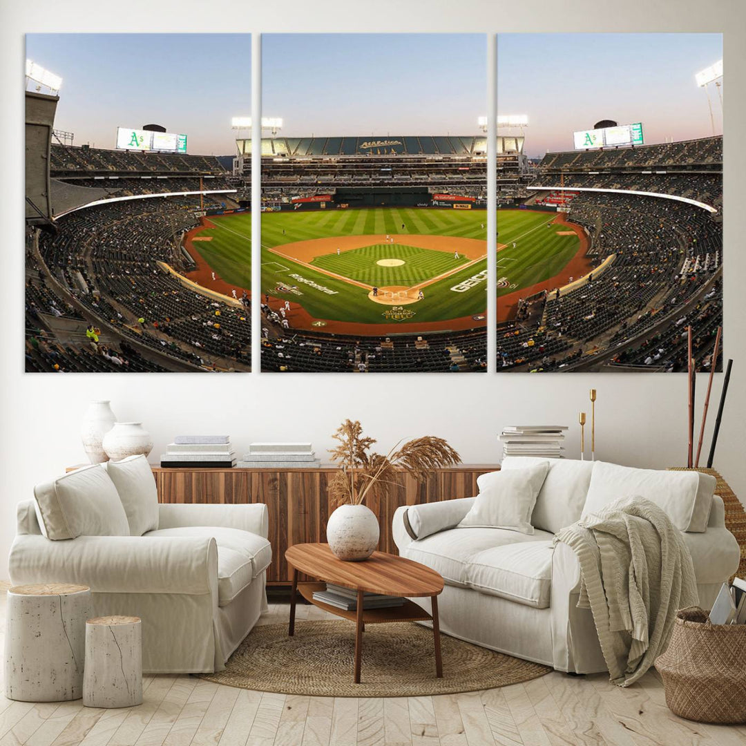 Oakland Athletics wall art canvas featuring the interior of RingCentral Coliseum Stadium.