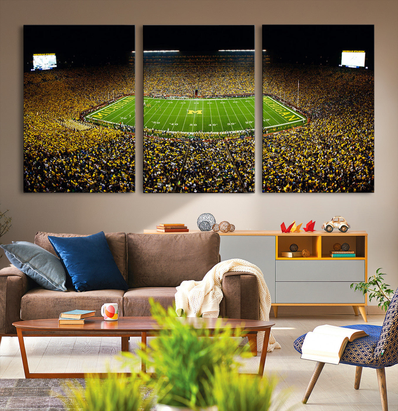 26166-MGV-CV-36X24-Stadium in Michigan Wall Art Canvas Print, Framed American Football Stadium Art Picture Print, Football Stadium Field Perfect Sports Room Decor Artwork