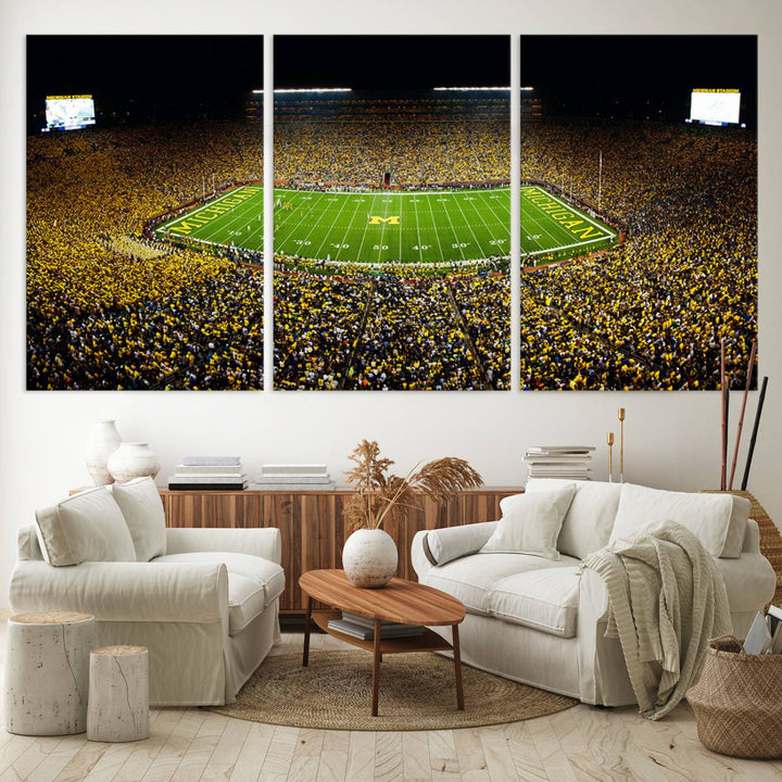 Aerial view of Michigan Stadium night game, ideal for Michigan Wolverines Football Team displayed on a triple canvas wall art.