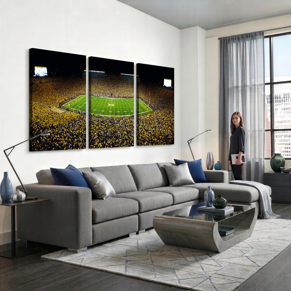 26166-MGV-CV-36X24 - Stadium in Michigan Wall Art Canvas Print, Framed American Football Stadium Art