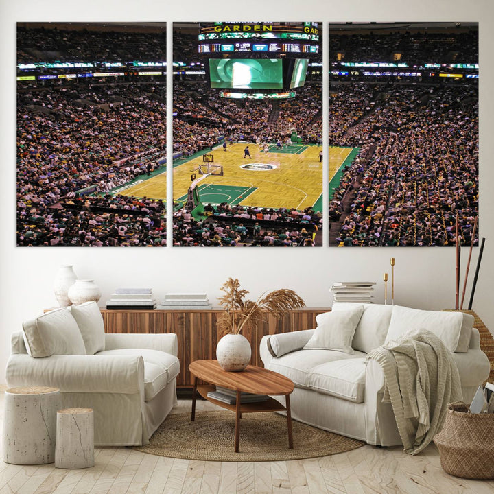 A vibrant depiction of a TD Garden basketball game is beautifully captured in the Boston Celtics Triple Canvas Wall Art, which comes framed and ready to hang.