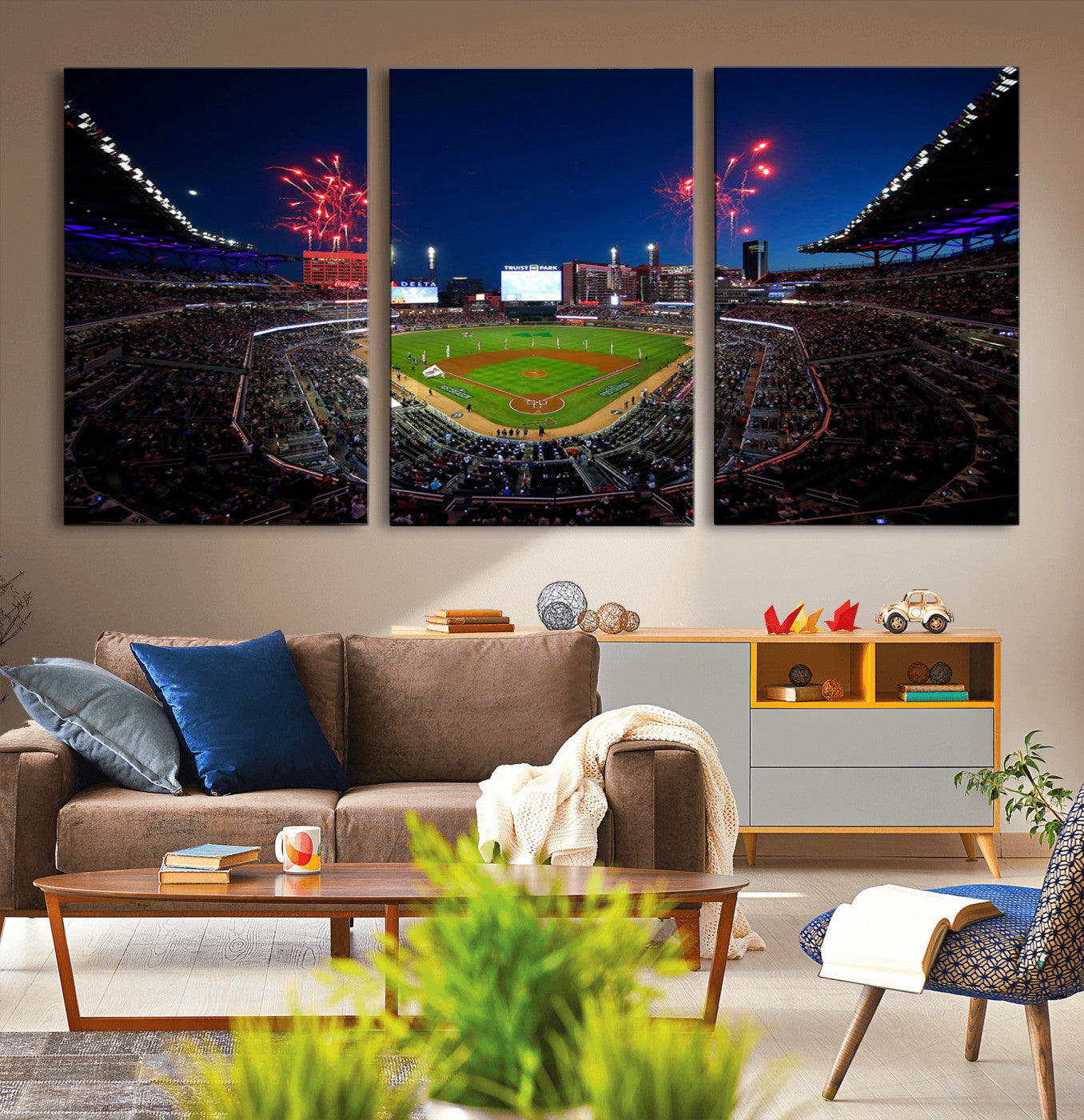50582-MGV-CV-36X24-Truist Park Atlanta Braves Baseball Stadium Wall Art Print | Large 3-Panel Canvas Print for Sports