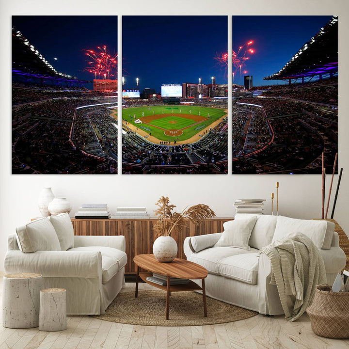 Truist Park wall art: fireworks over a Braves crowd, a large 3-panel canvas, framed and ready-to-hang.