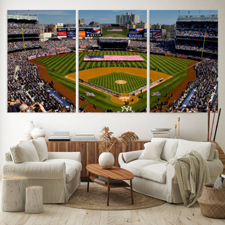 The Yankee Stadium New York wall art print features a vibrant scene of baseball fans with a large flag and players, expertly capturing the spirit of the game. This ready-to-hang décor is perfect for adding a dynamic touch to any space.