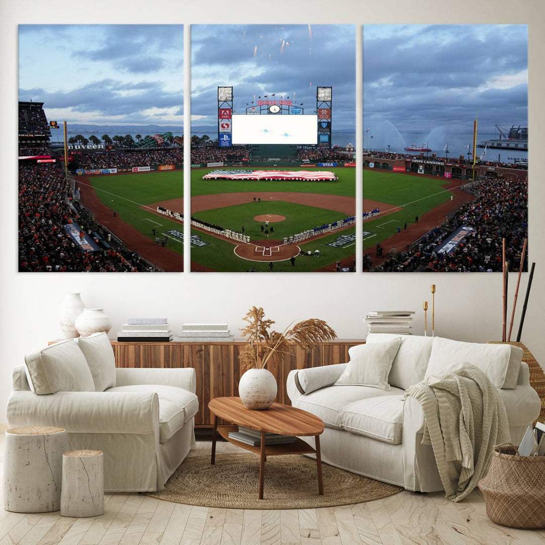 This framed 3-panel canvas MLB wall art features a giant flag and fans under a cloudy sky at Oracle Park.