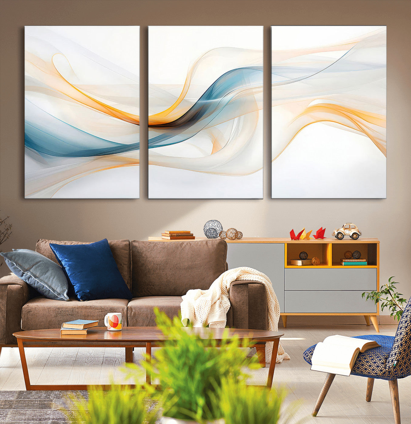 MGV-CV-60X30-3P - Decorative Turquoise Abstract Wave Wall Art Canvas Print
