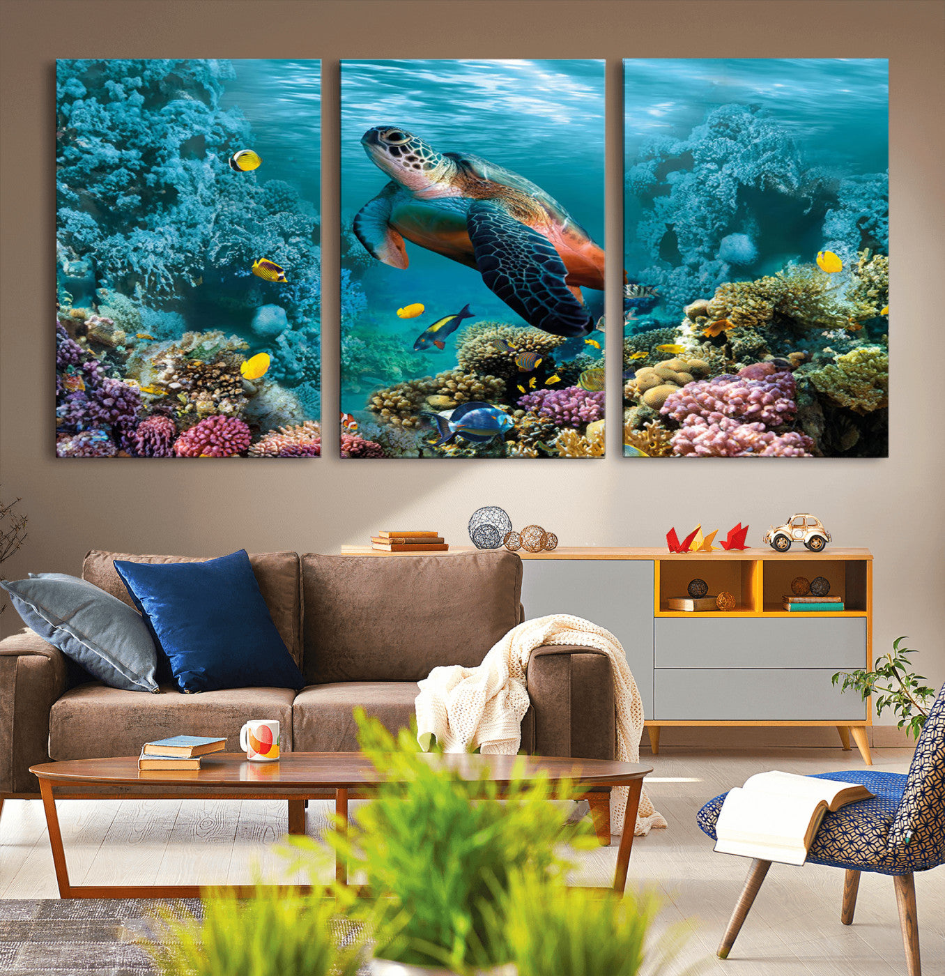 MGV-CV-60X30-3P - Sea Turtle and Coral Reef Triptych Wall Art – Vibrant Underwater Scene Canvas Set for Ocean Lovers and Coastal Decor – Ready to Hang 3-Panel Artwork