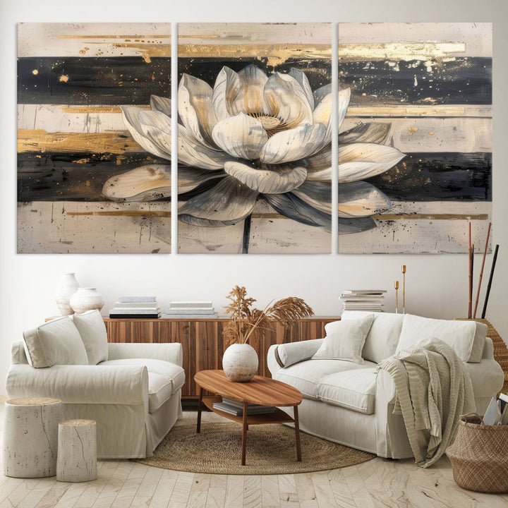 The wall is adorned with an Abstract Lotus Flower Wall Art Canvas Print.