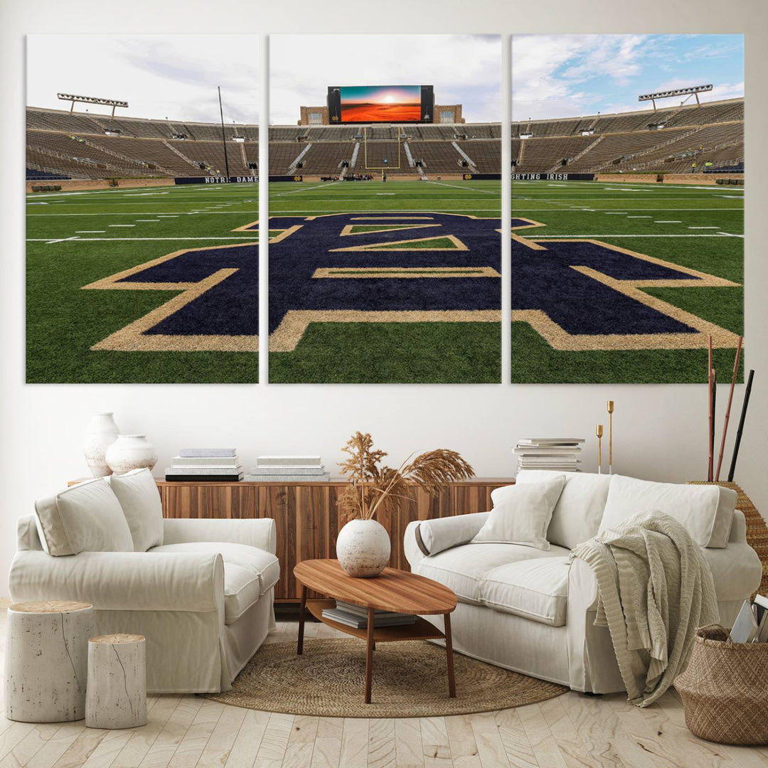 Notre Dame Stadium Triptych: This ready-to-hang giclee canvas print features a vibrant depiction of the football field adorned with an A logo and a stunning sunset.