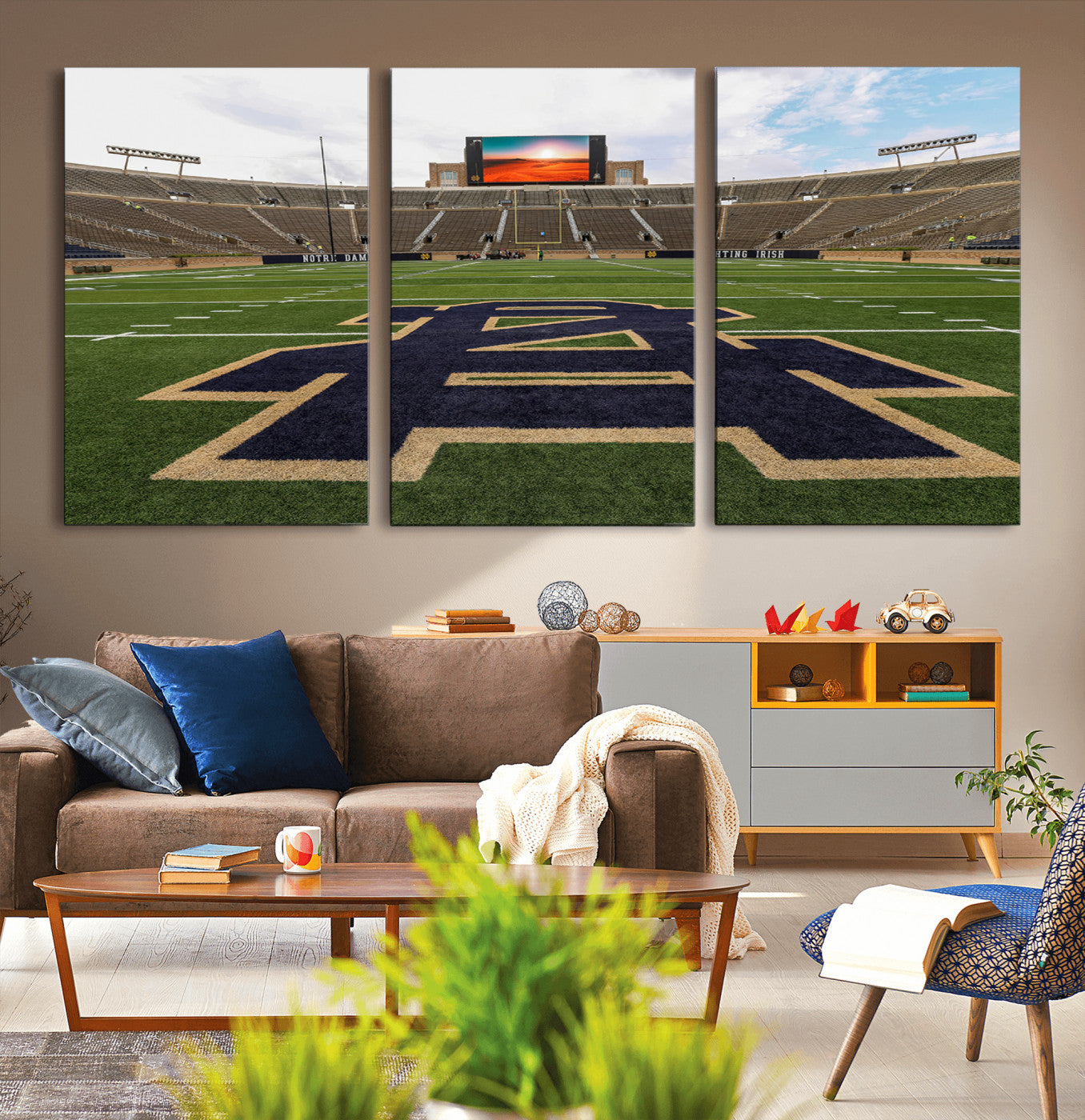 MGV-CV-60X30-3P - Notre Dame Stadium Giclee Canvas Print | Triptych Wall Art Featuring Iconic Notre Dame Football Field | Ready-to-Hang Sports Stadium Decor
