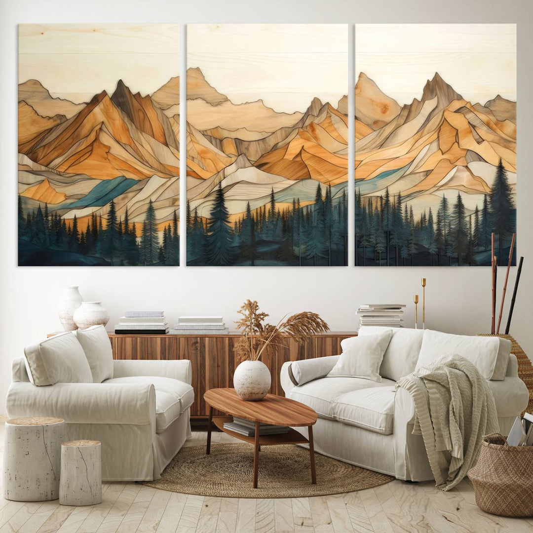 A triptych giclee print of mountains decorates the wall above the counter.