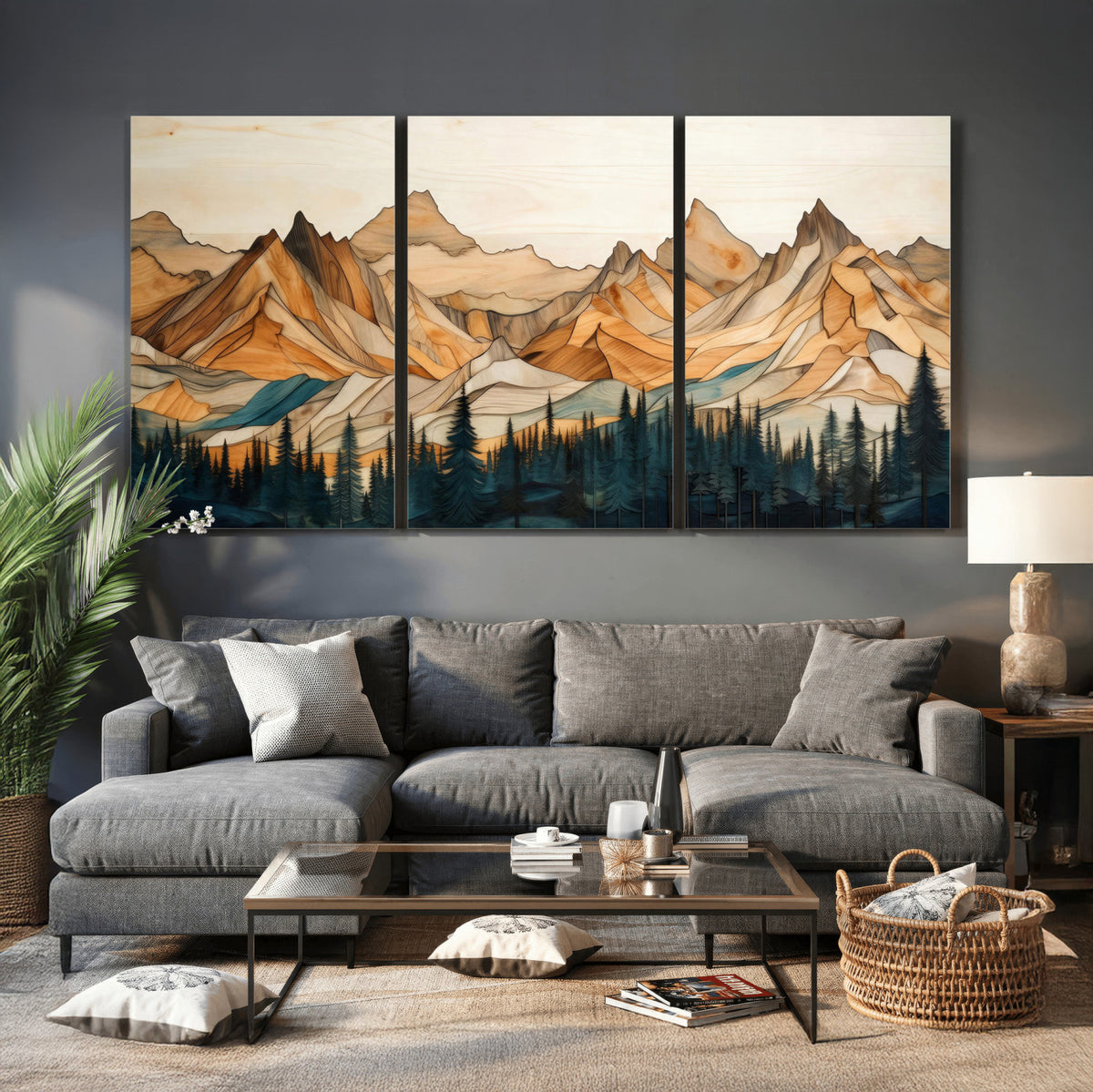 31576-PAN-FL-20X10 - Rustic Wood Mountain Wall Art Print | Triptych Giclee Print Featuring Handcrafted Forest and