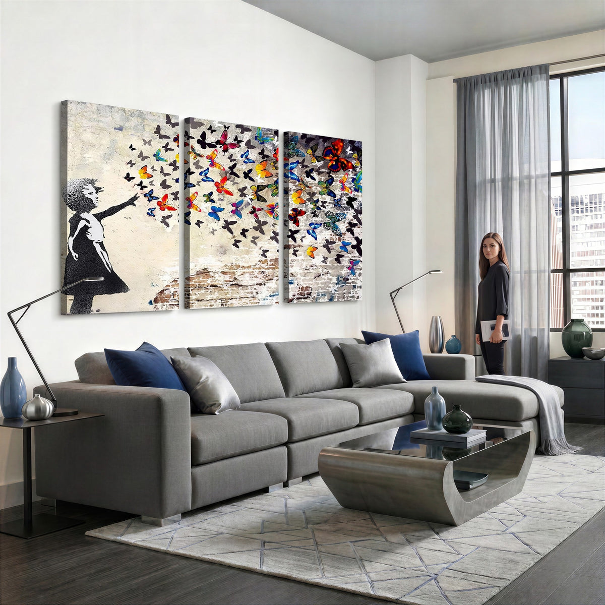 97895-MGV-CV-24X16 - Banksy Graffiti Wall Art Canvas Print, Girl Releasing Vibrant Butterflies