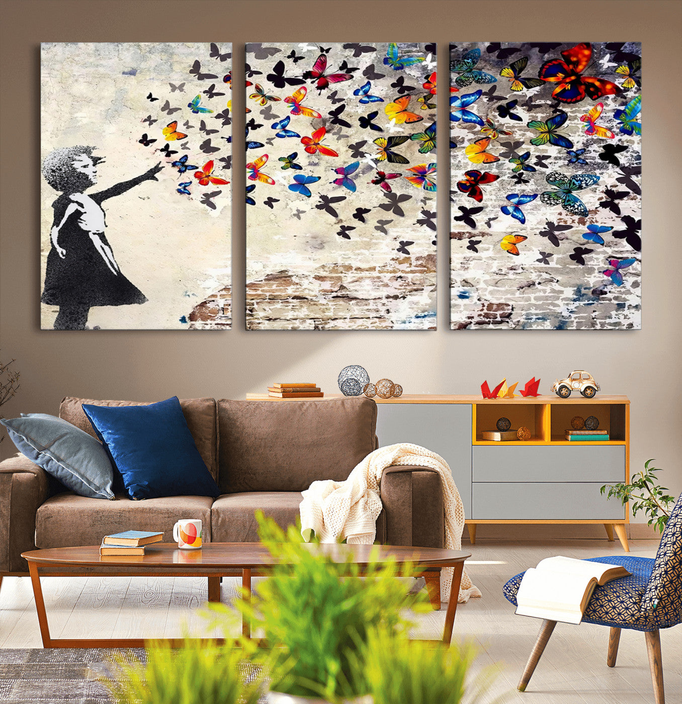 MGV-CV-60X30-3P - Banksy Graffiti Wall Art Canvas Print: Girl Releasing Vibrant Butterflies – Ready to Hang