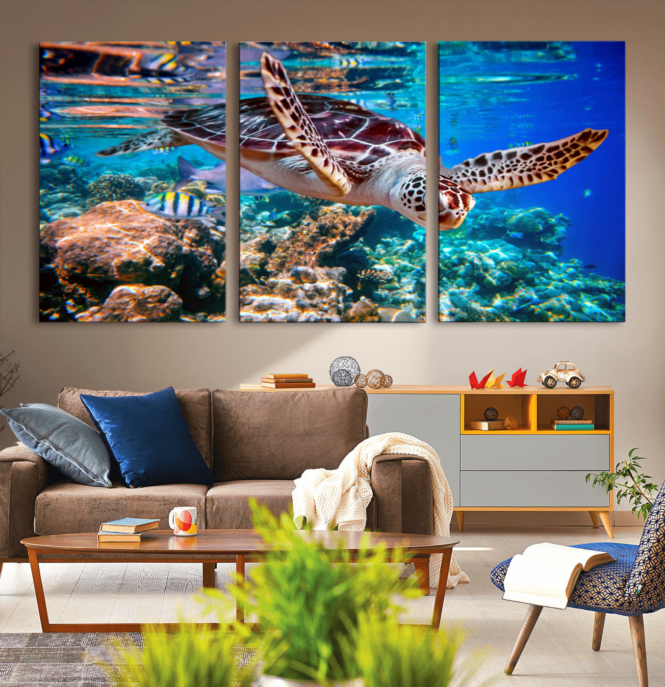 88200-MGV-CV-36X24-Underwater Coral Reef Sea Turtle Wall Art Canvas Print, Vibrant Marine Life | Colorful Ocean Scene