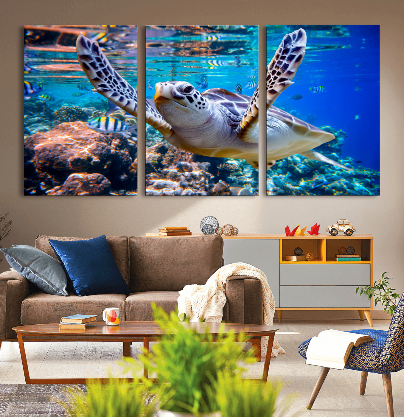 MGV-CV-60X30-3P - Underwater Sea Turtle Wall Art Canvas Print – Vibrant Ocean Coral Reef Décor, Ready to Hang