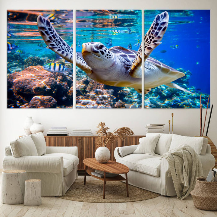 The Underwater Sea Turtle Wall Art Canvas Print serves as vibrant ocean décor, enhancing the kitchen with its stunning depiction.