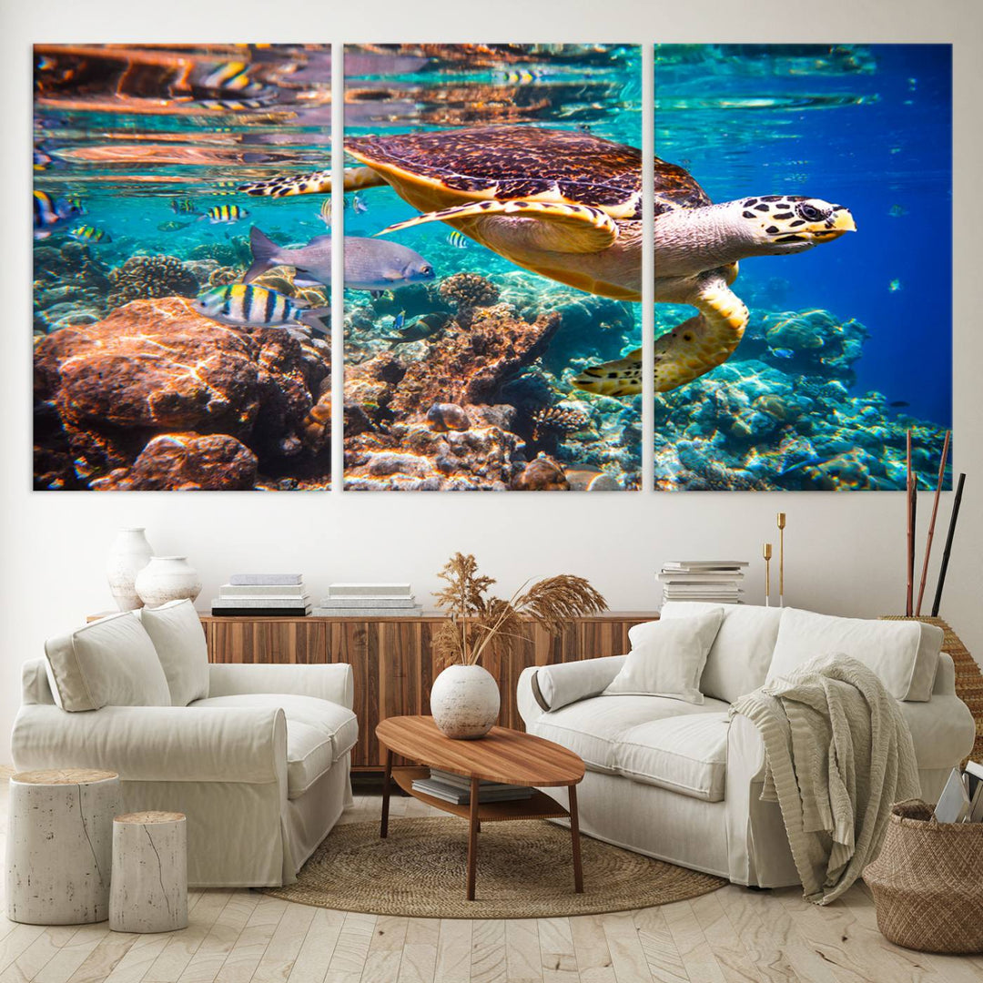 A Sea Turtle Wall Art Canvas Print features a colorful turtle swimming among coral. This artwork is ready to hang.