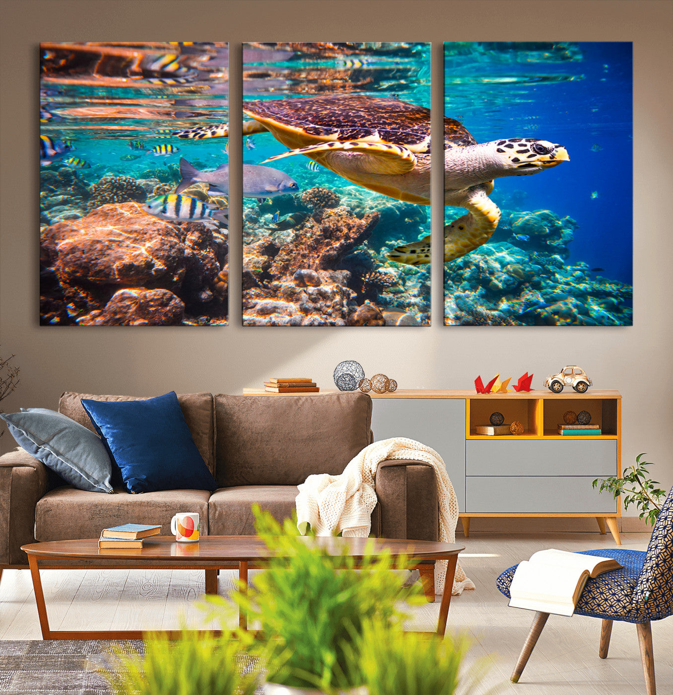 MGV-CV-60X30-3P - Sea Turtle Wall Art Canvas Print – Vibrant Ocean Coral Reef Décor, Ready to Hang