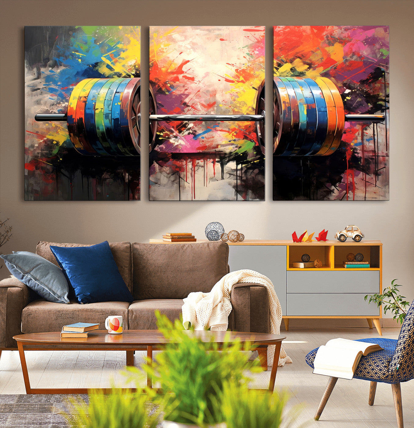 MGV-CV-60X30-3P - Weightlifting Barbell Art Triptych, Bold Abstract Fitness Wall Decor for Gym or Home, Giclee Canvas Print