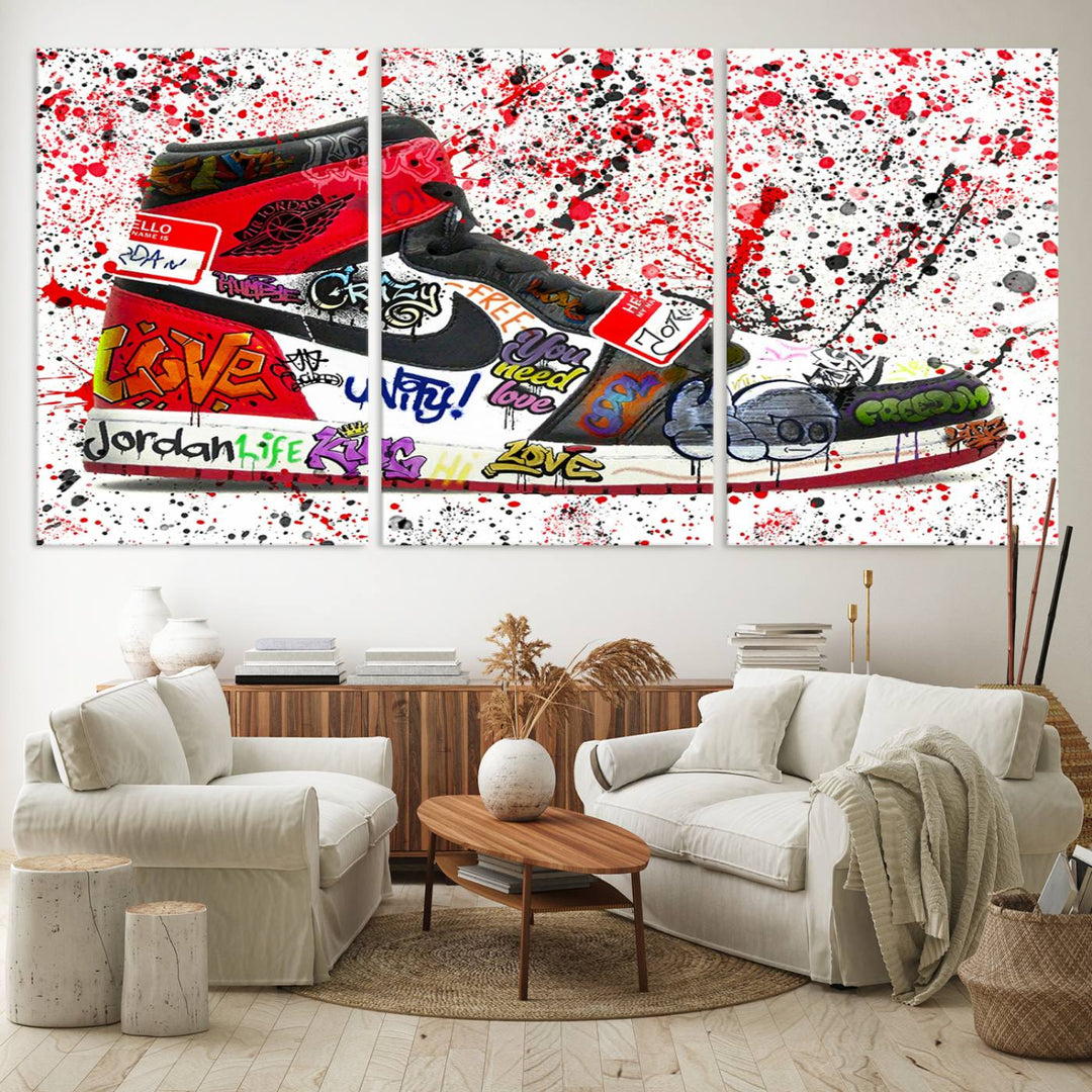 A Jordan Shoes Graffiti Canvas Print hangs prominently, perfect for sneakerheads and urban art lovers.