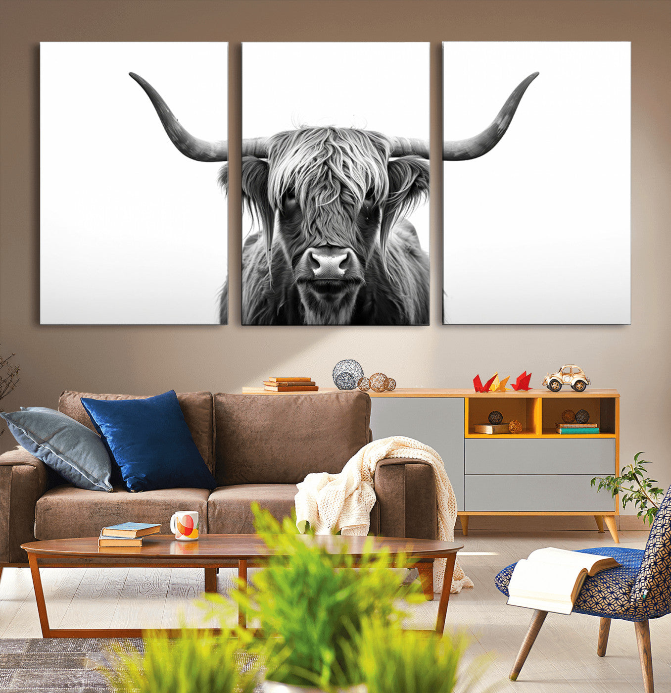 -Highland Wall Art Canvas Print – Minimalist Black and White Farmhouse Décor, Ready to Hang