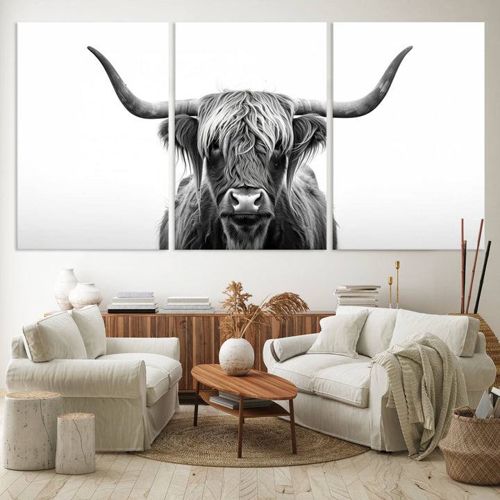 The Highland Wall Art Canvas captures minimalist farmhouse style with its black and white design.