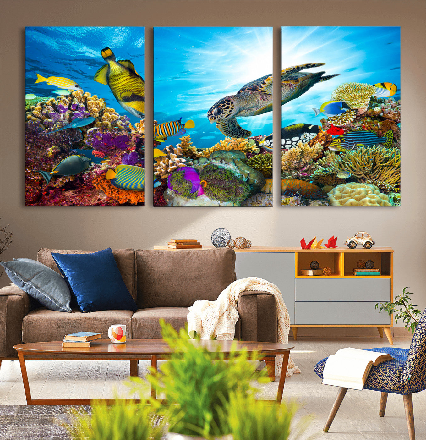 -Colorful Coral Reef and Sea Life Turtle Canvas Print, Underwater Tropical Ocean Wall Art for Home