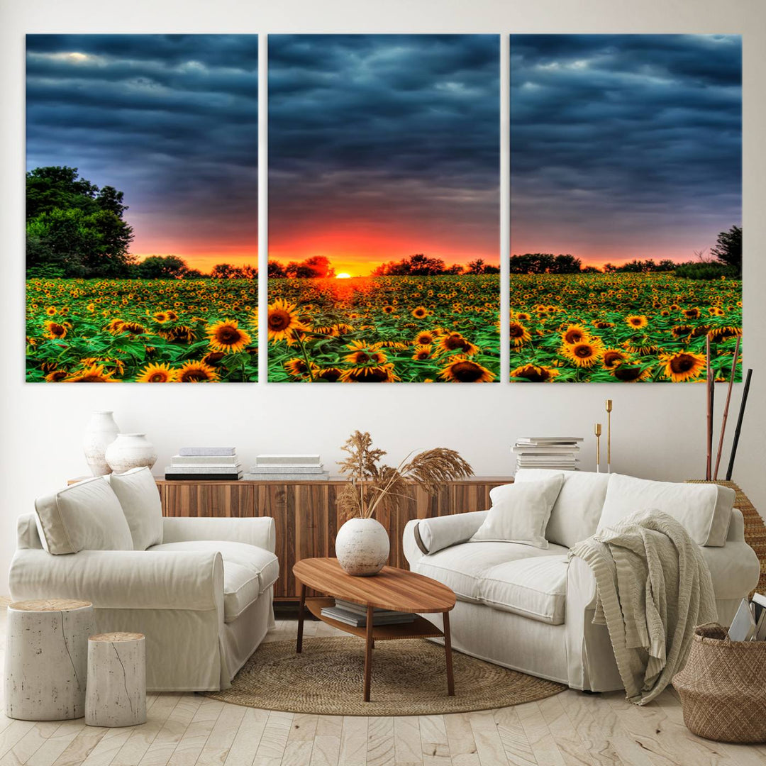 A Golden Sunflower Field at Sunset ready-to-hang wall art canvas print.