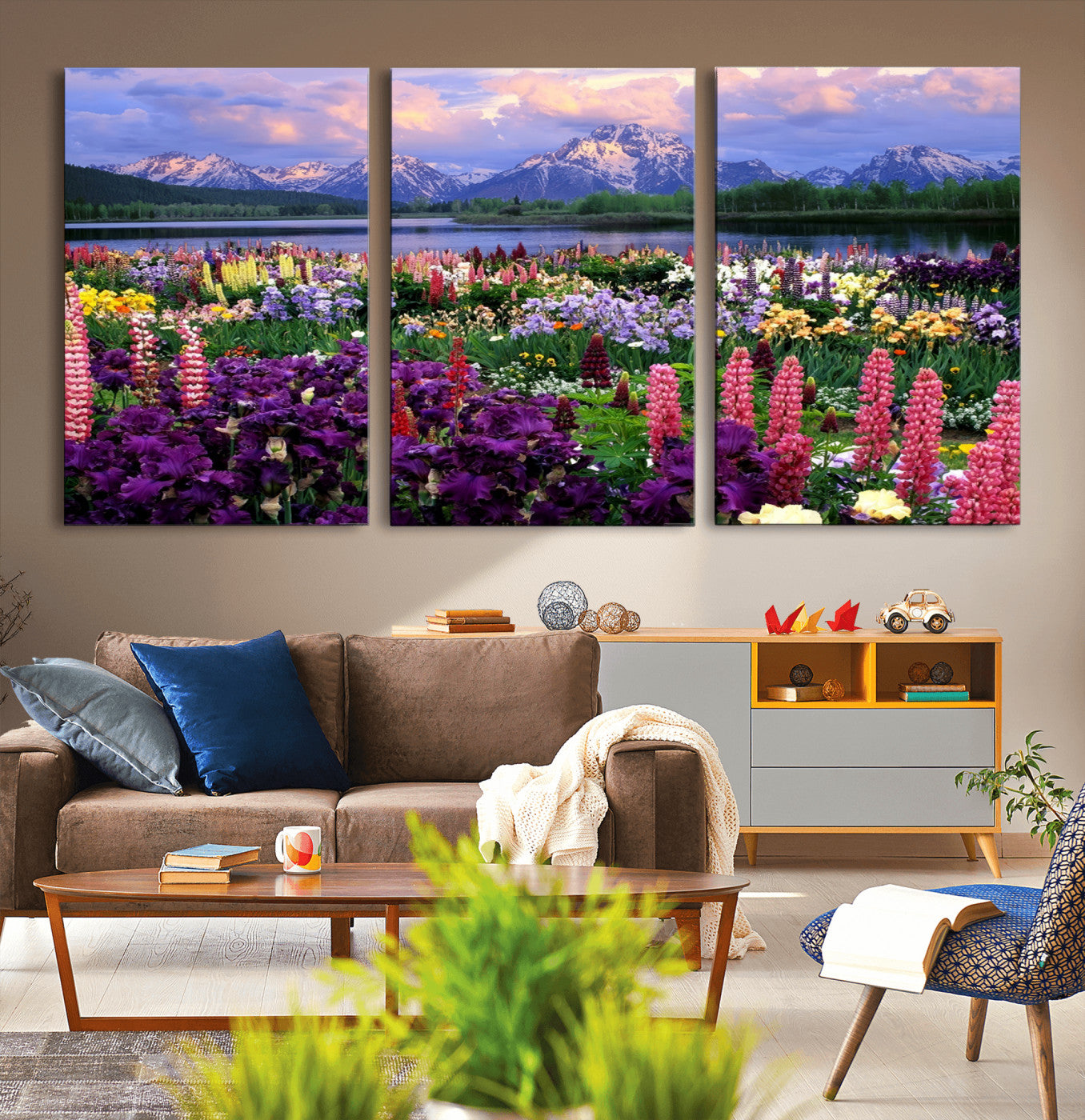 MGV-CV-60X30-3P - Wildflower Canvas Print – Blooming Floral Meadows with Majestic Mountain Backdrop, Ready to Hang