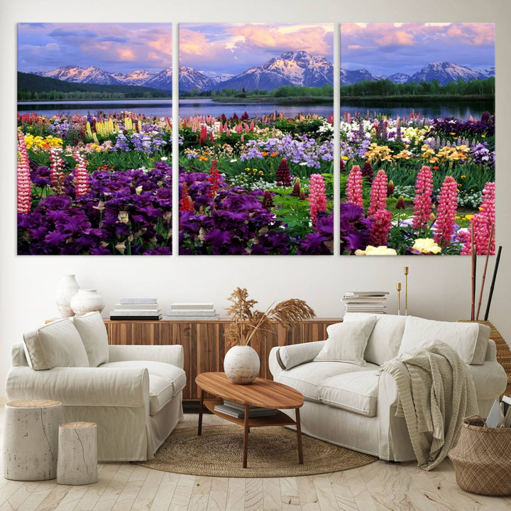 A Vibrant Wildflower Garden and Mountain View Giclee Print is displayed prominently on the wall.