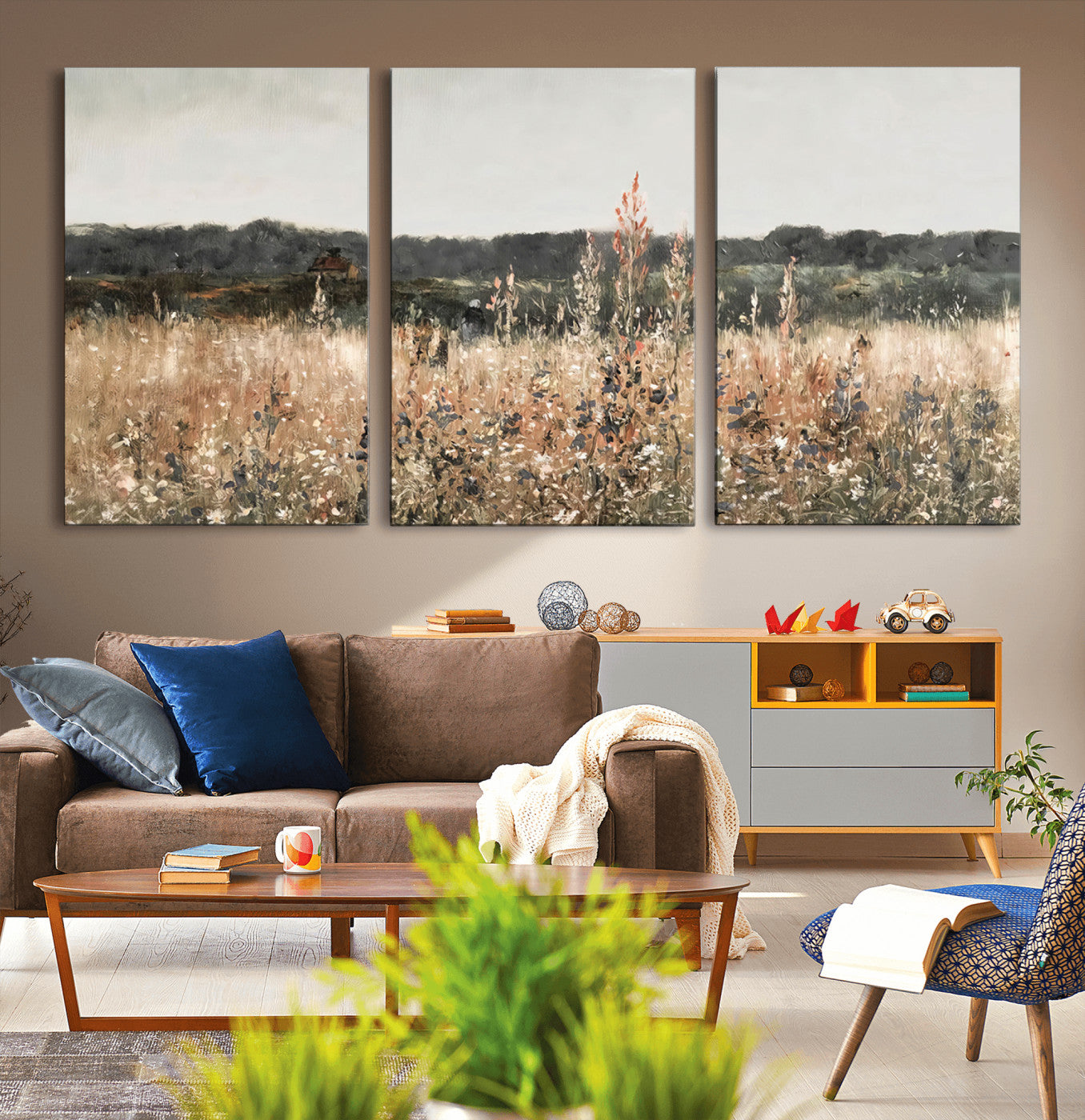 MGV-CV-60X30-3P - Rustic Field Landscape Wall Art Print, Giclee Canvas Wall Art for Modern Homes, Warm Meadow and