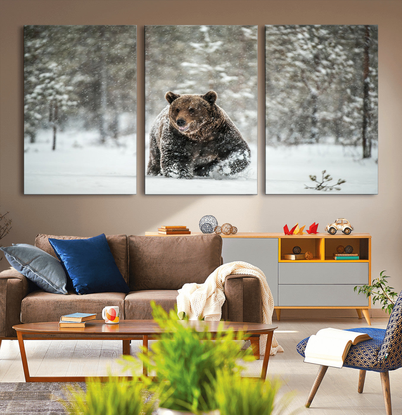 A majestic brown bear moves through a snowy forest landscape, surrounded by falling snowflakes, capturing the essence of wildlife in winter.