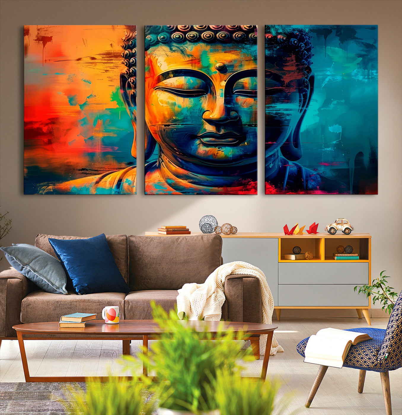 A vibrant, abstract artistic rendition of a Buddha statue face, blending bold and contrasting colors to evoke a sense of peace, spirituality, and enlightenment.