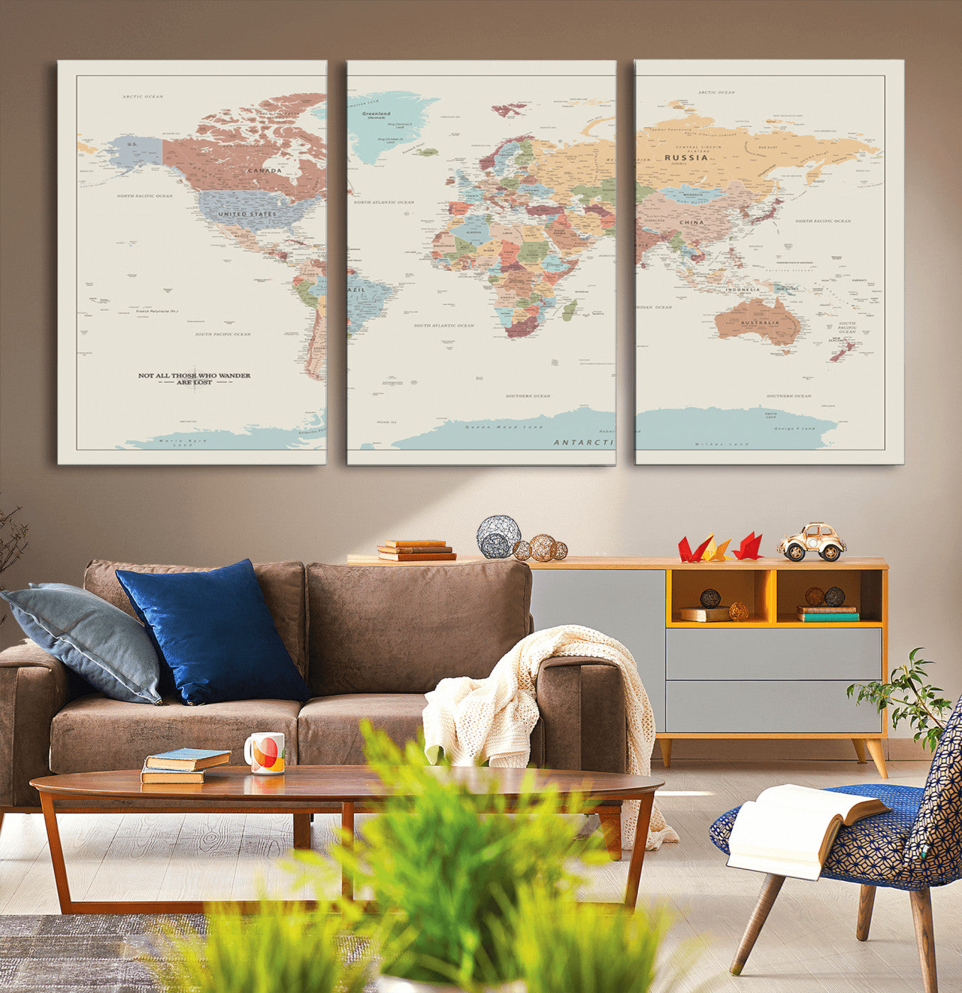 19241-MGV-CV-36X24-World Map Canvas Print – Framed Minimalist Travel Map Wall Art, Neutral Toned Push Pin Map for Home Office or Study Decor