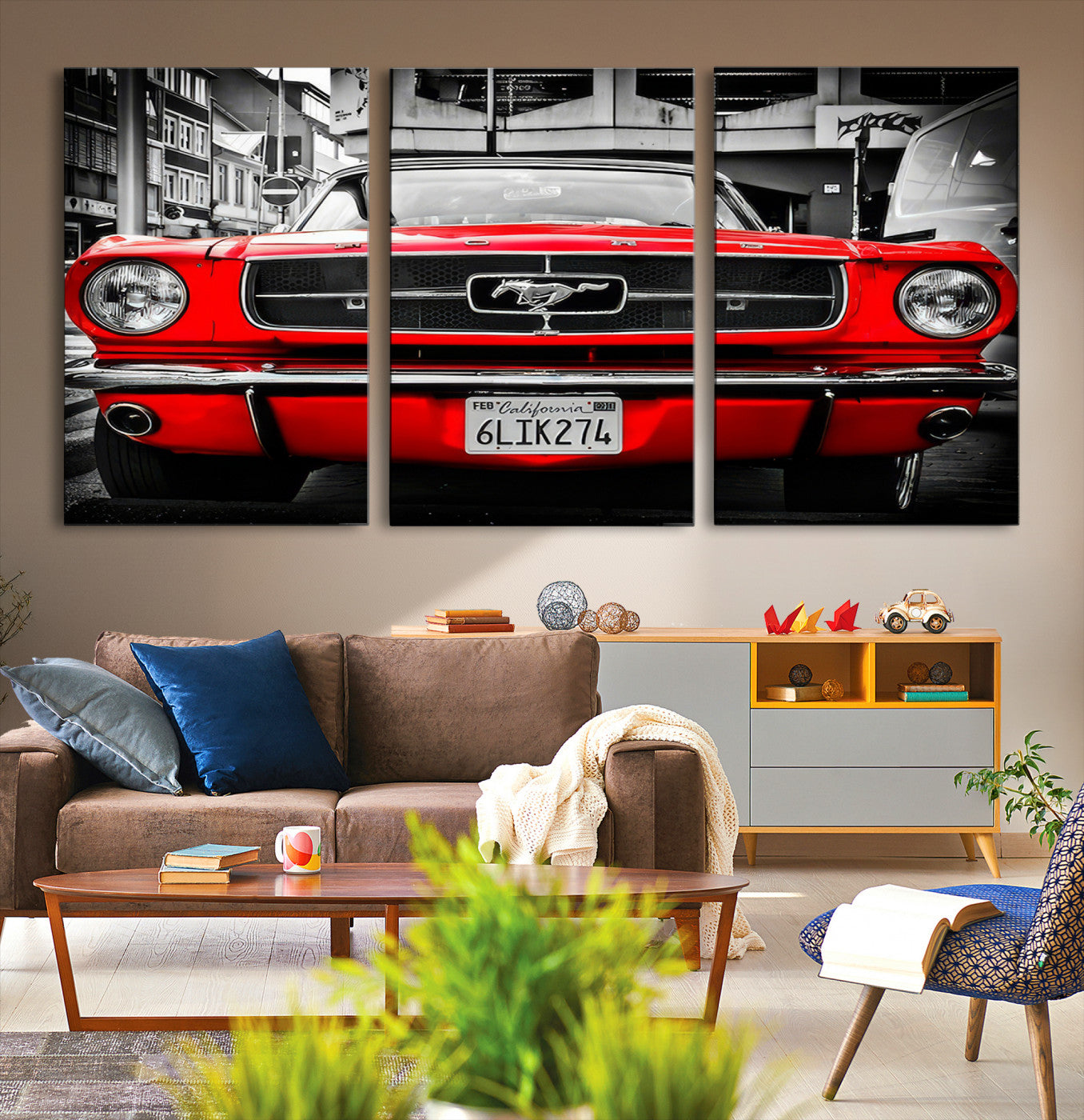 Front view of a bold red 1960s Ford Mustang parked in an urban environment, captured in dramatic contrast with a black-and-white city backdrop, emphasizing its timeless American muscle car identity.