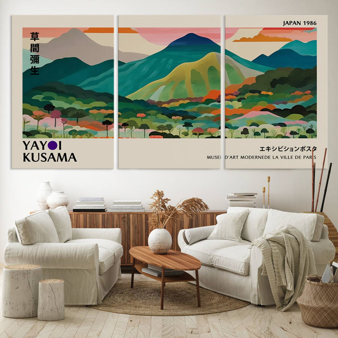 Vibrant Kusama landscape canvas featuring floral mountains and botanical decor, ideal for a modern home.