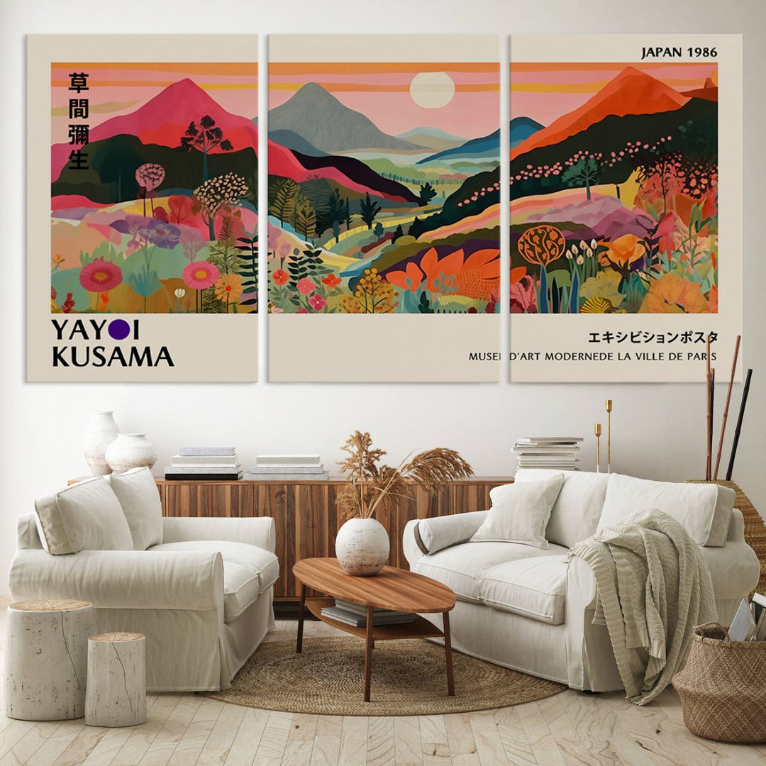 The Yayoi Kusama Landscape Print features vibrant floral mountains with abstract designs, ideal for modern decor.