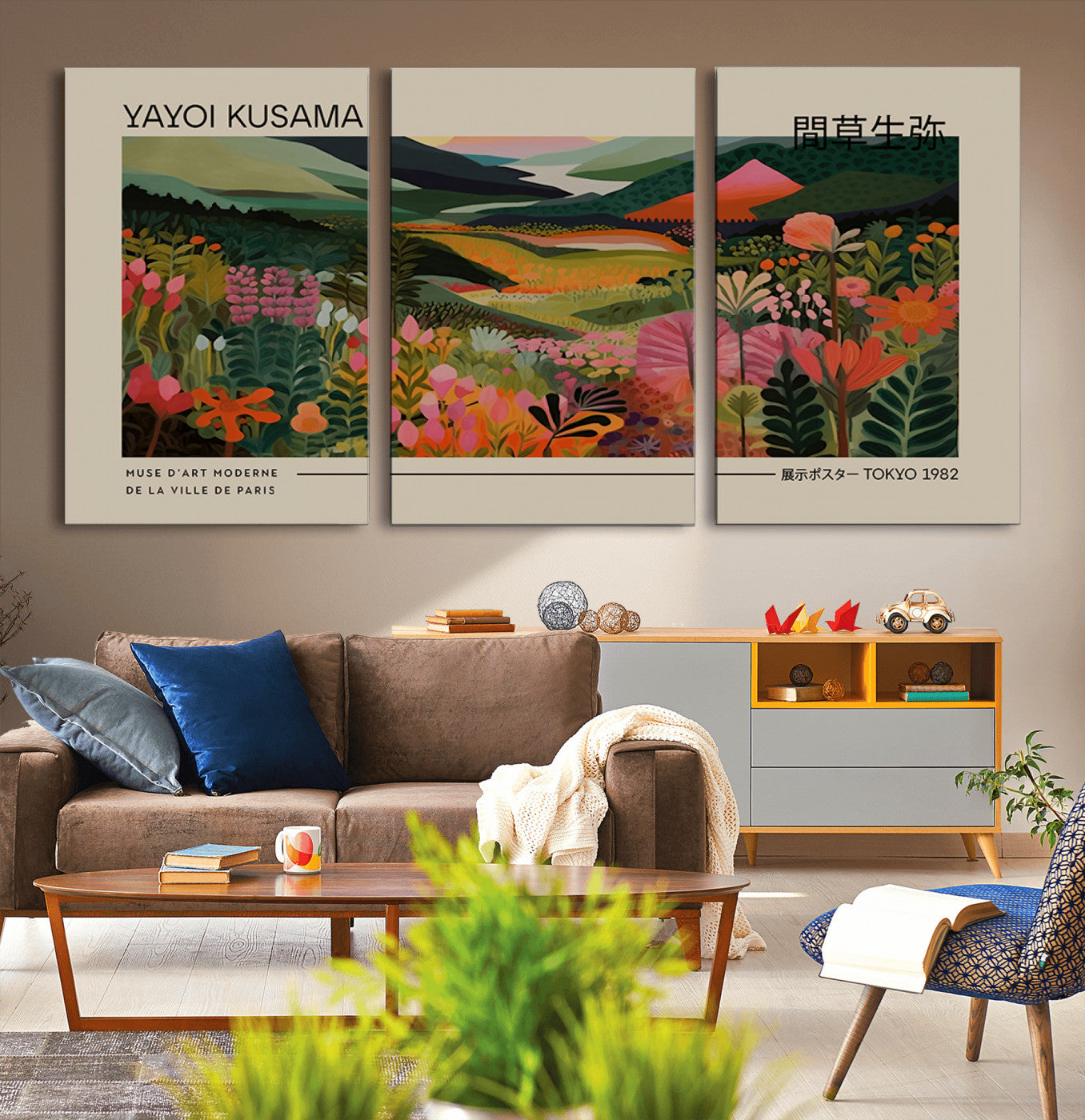 MGV-CV-60X30-3P - Yayoi Kusama Landscape Canvas Print, Vibrant Floral Mountain Art Print, Botanical Flower Nature
