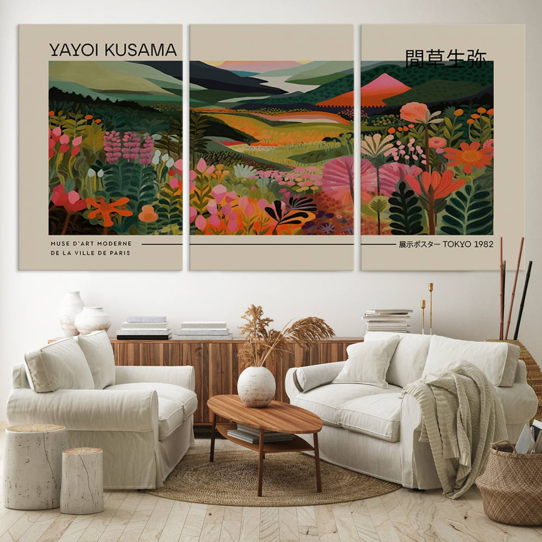 A Yayoi Kusama Landscape Canvas Print brightens the wall with vibrant floral and mountain art.