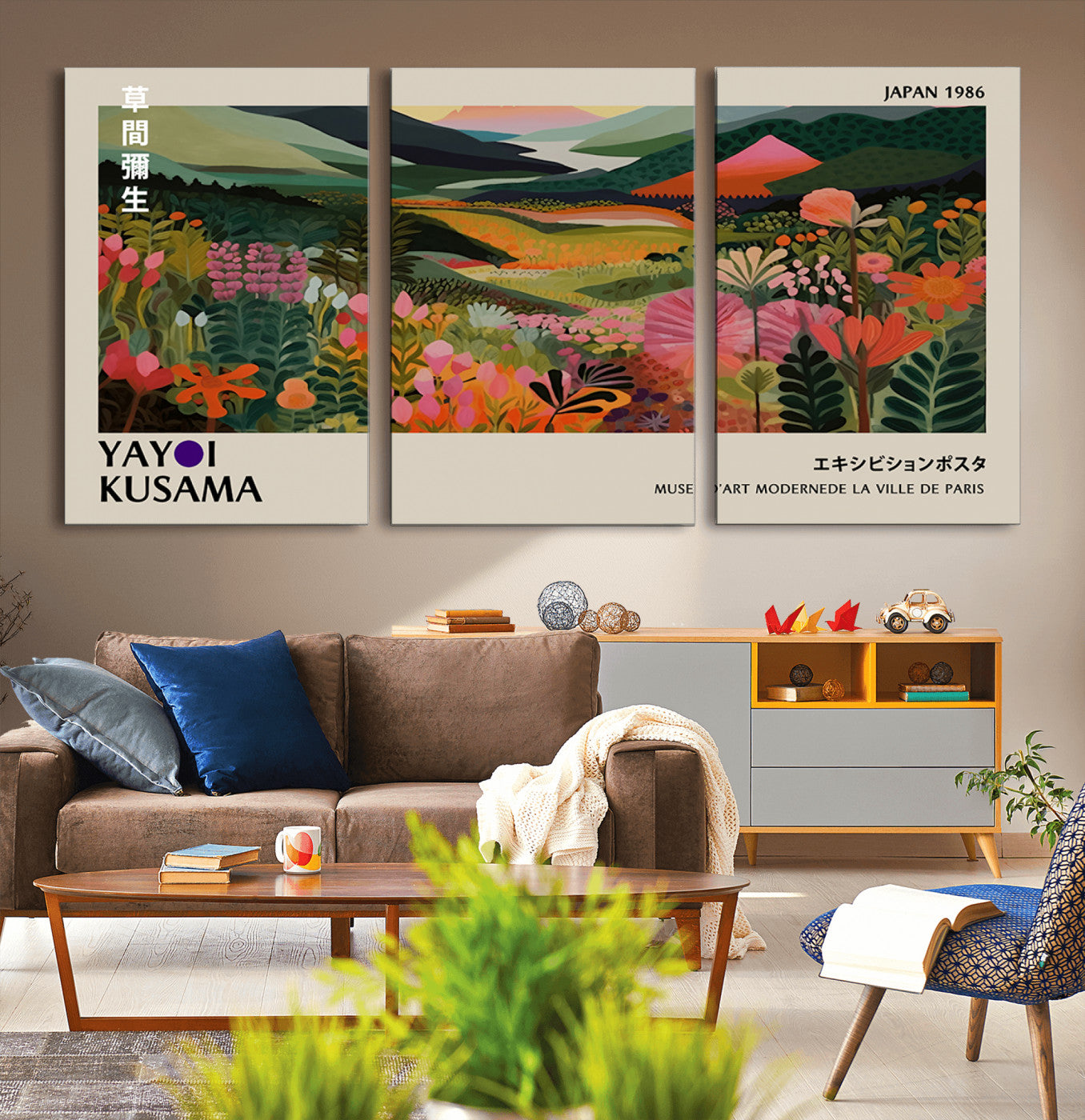 MGV-CV-60X30-3P - Yayoi Kusama Abstract Print, Vibrant Floral Mountain Art Print, Botanical Flower Nature Decor,
