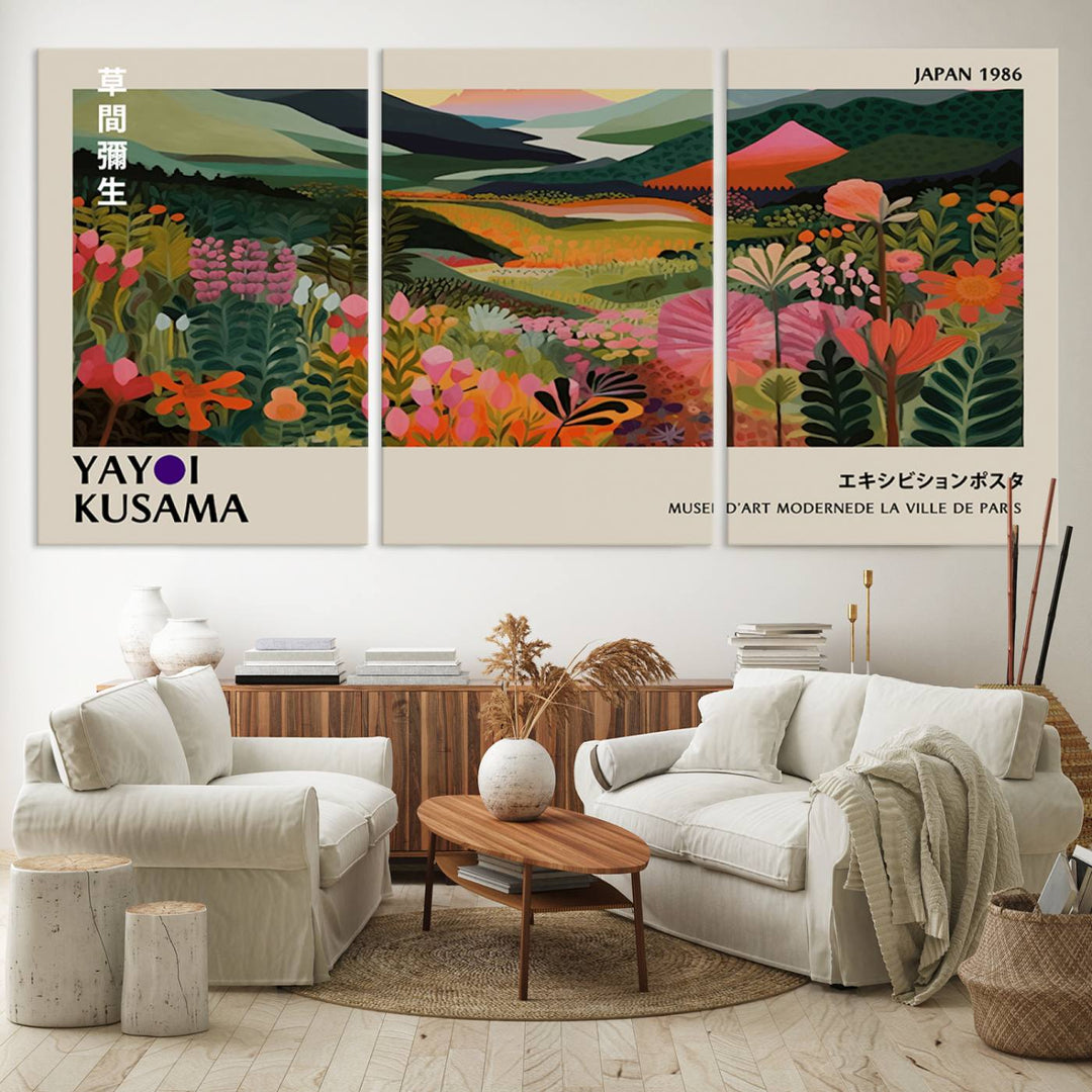 Yayoi Kusamas Landscape Canvas Print with vibrant floral mountain art adorns the wall.