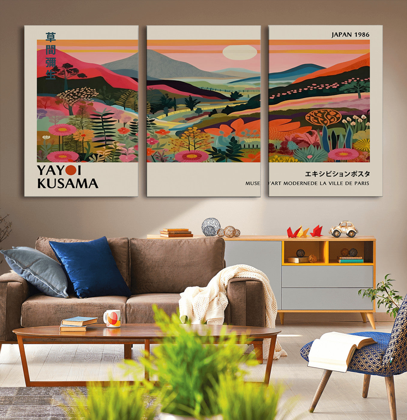 MGV-CV-60X30-3P - Yayoi Kusama Landscape Canvas Print, Vibrant Floral Mountain Art Print, Botanical Flower Nature