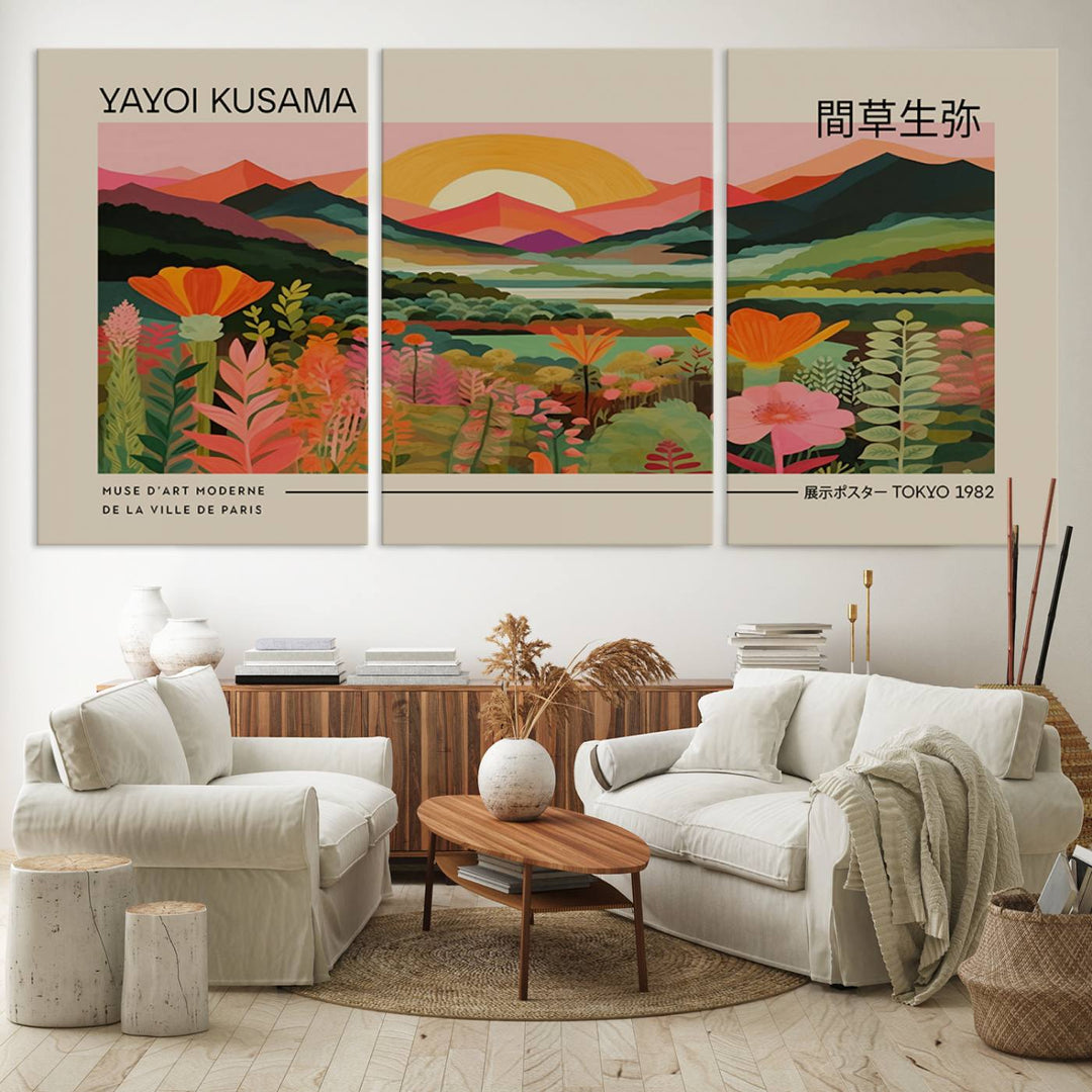 A Yayoi Kusama landscape print and an antique world map enhance the dining area.