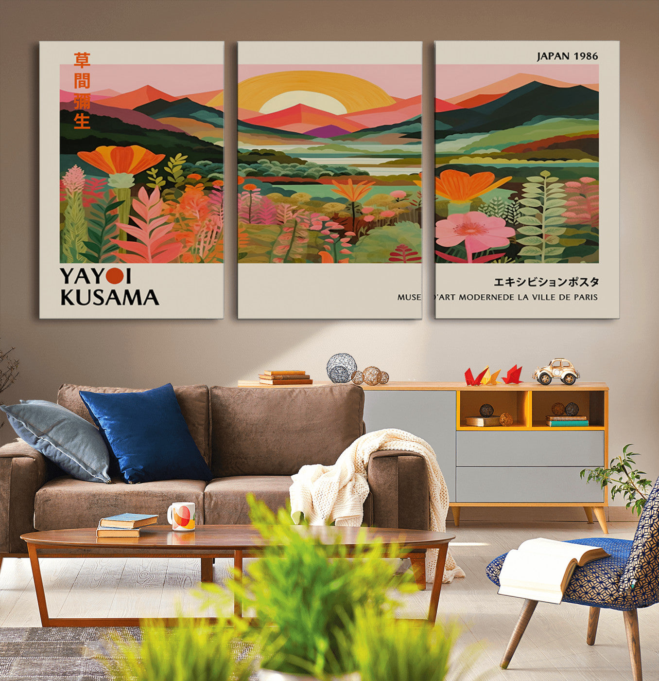 MGV-CV-60X30-3P - Framed Yayoi Kusama Print, Vibrant Floral Mountain Art Print, Botanical Flower Nature Decor, Sunset