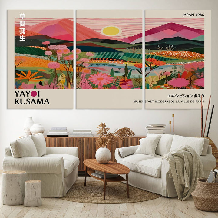 Yayoi Kusama Landscape Canvas Print, featuring a vibrant floral mountain design.