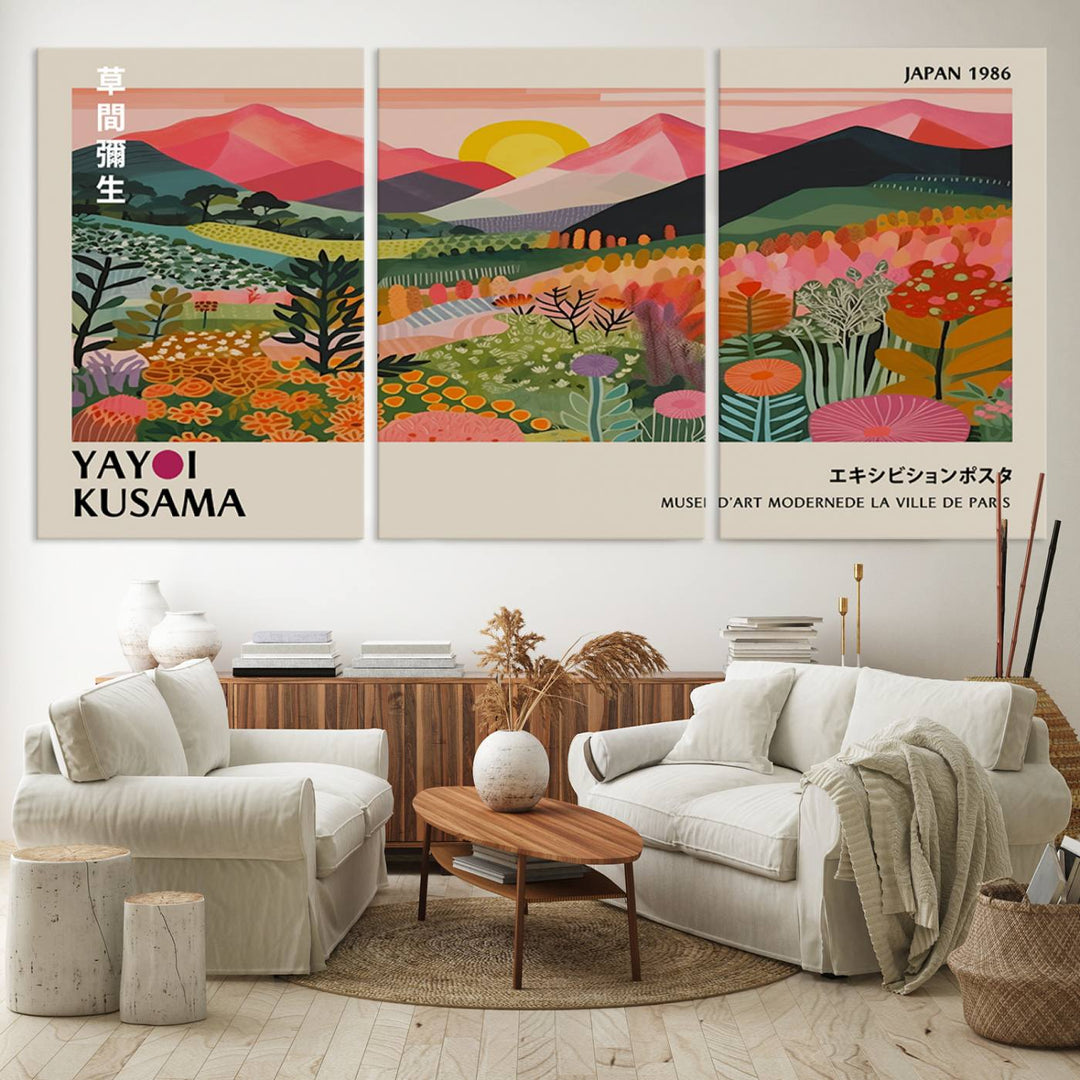 The wall art includes a vintage world map and Yayoi Kusamas colorful landscape.